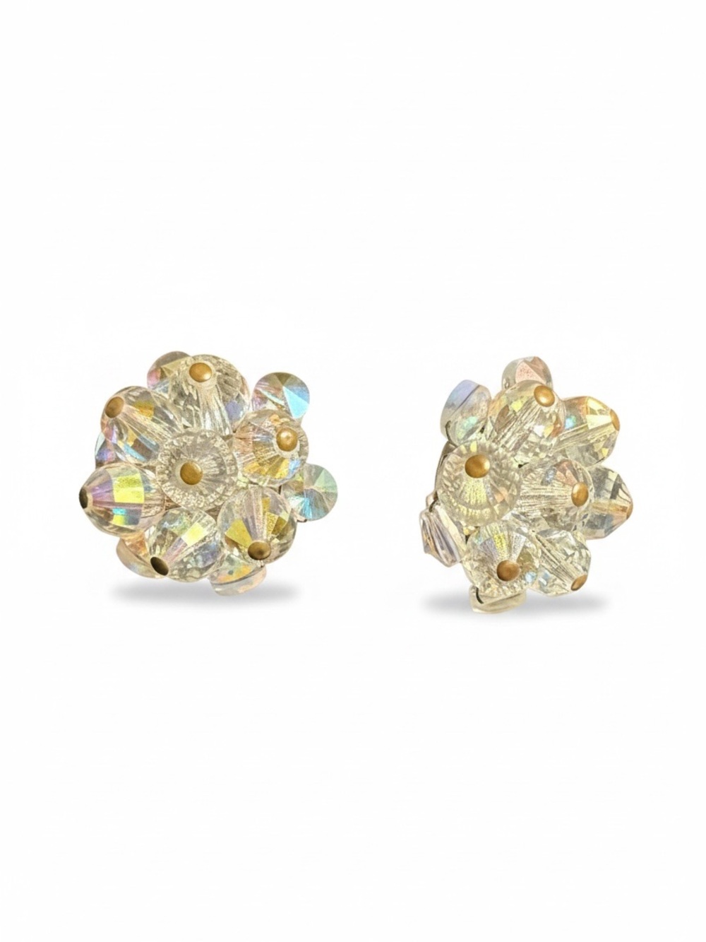 Vintage Germany AB Crystal Cluster Clip On Earrings 1950s 60s